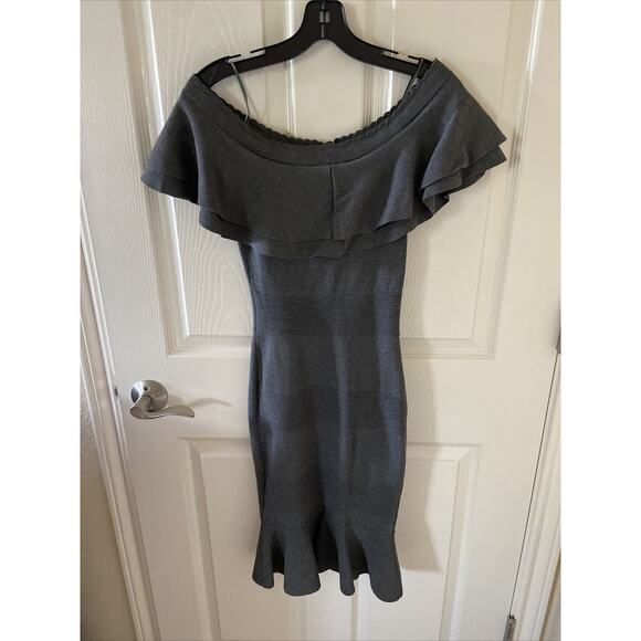 NEW Endless Rose Women's Knit Midi Bodycon Dress Gray S Off-the-Shoulder Ruffle - Picture 6 of 10